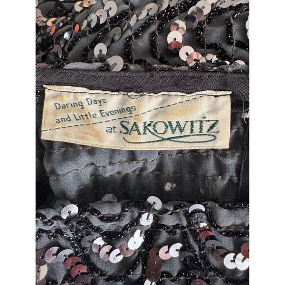 Sakowitz Medium Vintage Black & Silver Sequin Balloon Sleeve Stretchy Top - Picture 8 of 8